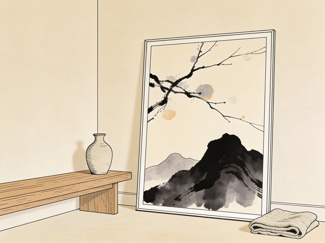 Coin salon japandi épuré avec une affiche minimaliste en lavis d'encre, illustration style croquis d'architecte