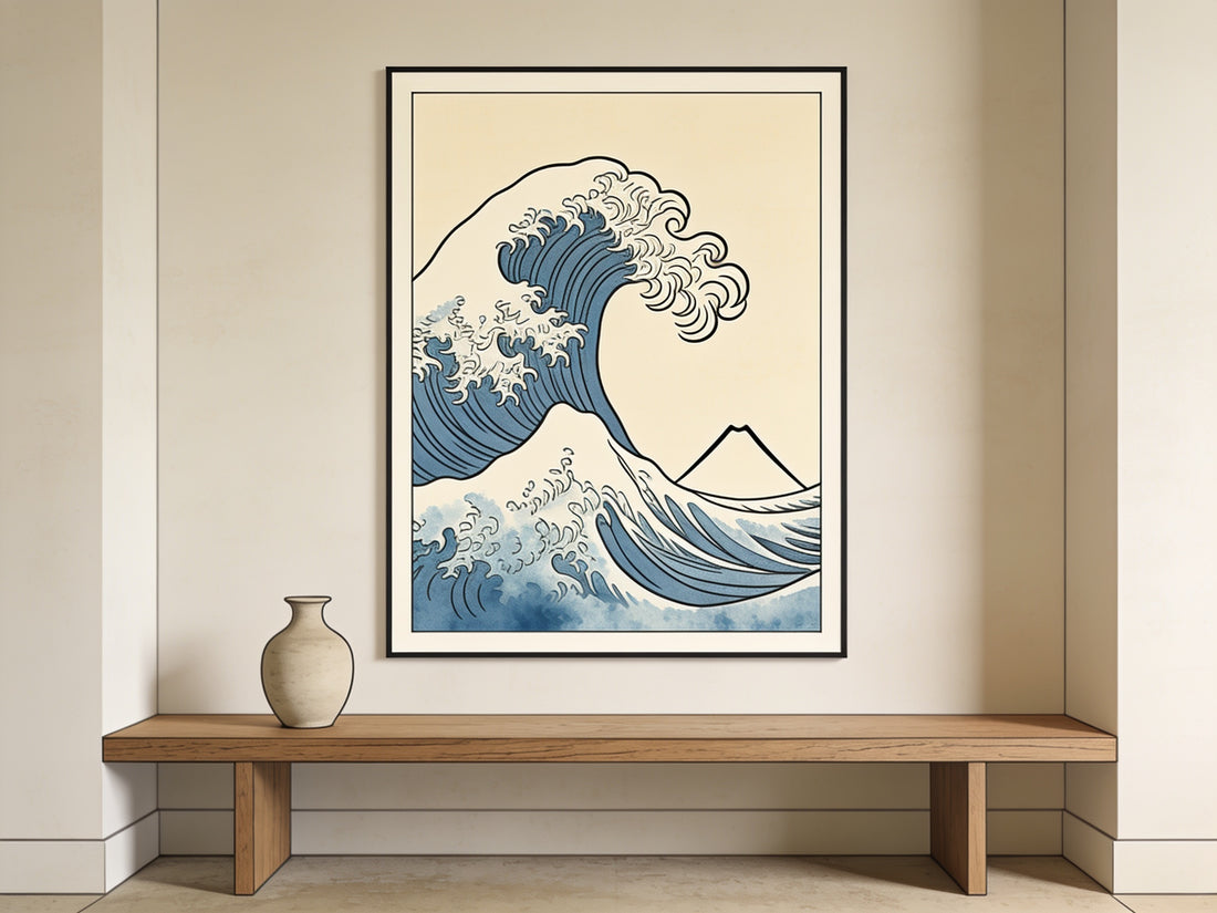 Illustration encre noire d'un salon avec une affiche encadrée de vague japonaise stylisée façon Hokusai