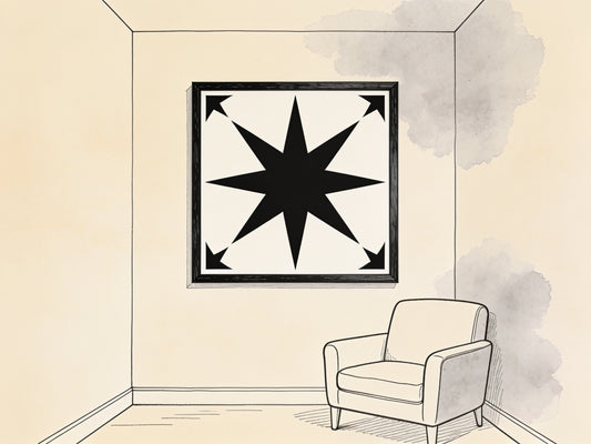 Salon avec une affiche pop art encadrée en aplat noir et blanc en forme d'étoile, illustration style croquis d'architecte