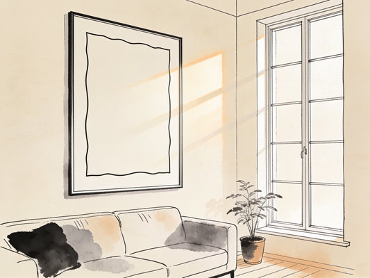 Illustration d'un poster encadré dans un salon, mur protégé du soleil direct par une fenêtre latérale