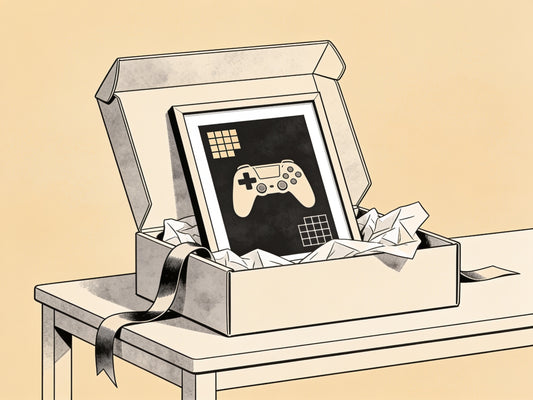 Cadeau poster gaming : boîte cadeau ouverte révélant une affiche encadrée à motif abstrait gaming