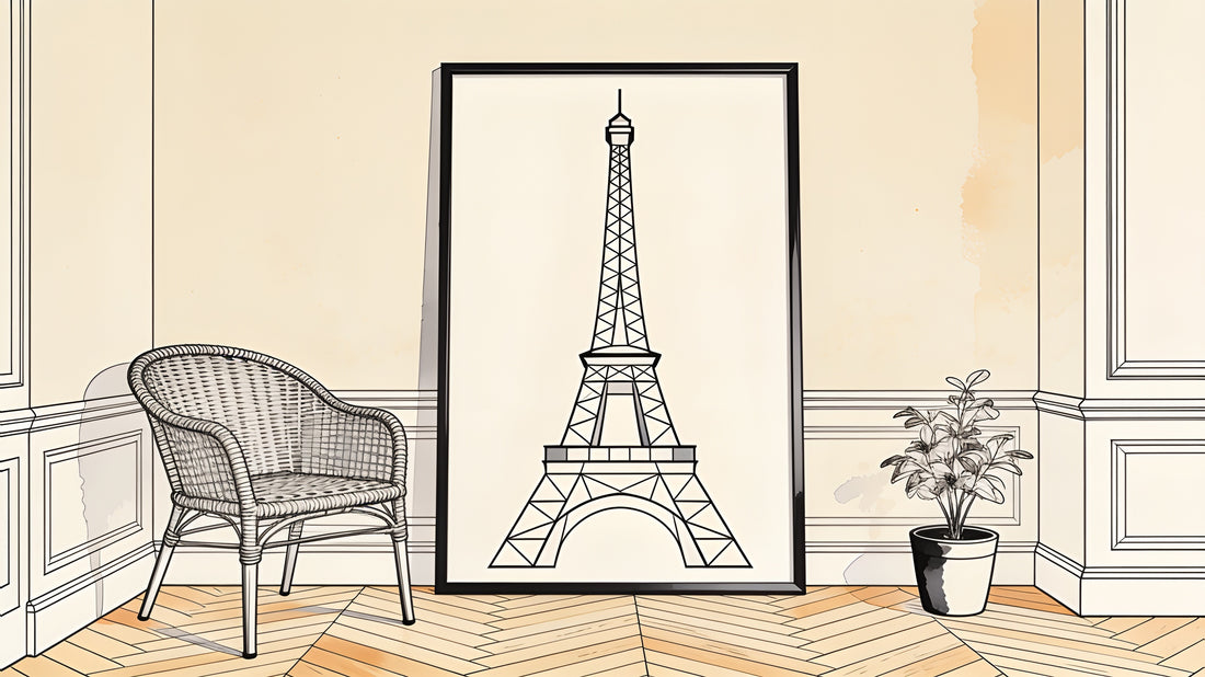 Affiche Paris style rétro PLM et minimaliste dans un salon haussmannien, illustration ligne noire sur fond beige