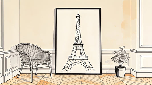 Affiche Paris style rétro PLM et minimaliste dans un salon haussmannien, illustration ligne noire sur fond beige