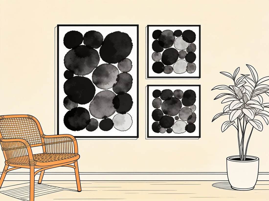 Salon avec mur de trois affiches noir et blanc encadrées, fauteuil en rotin et plante verte, illustration style croquis d'architecte