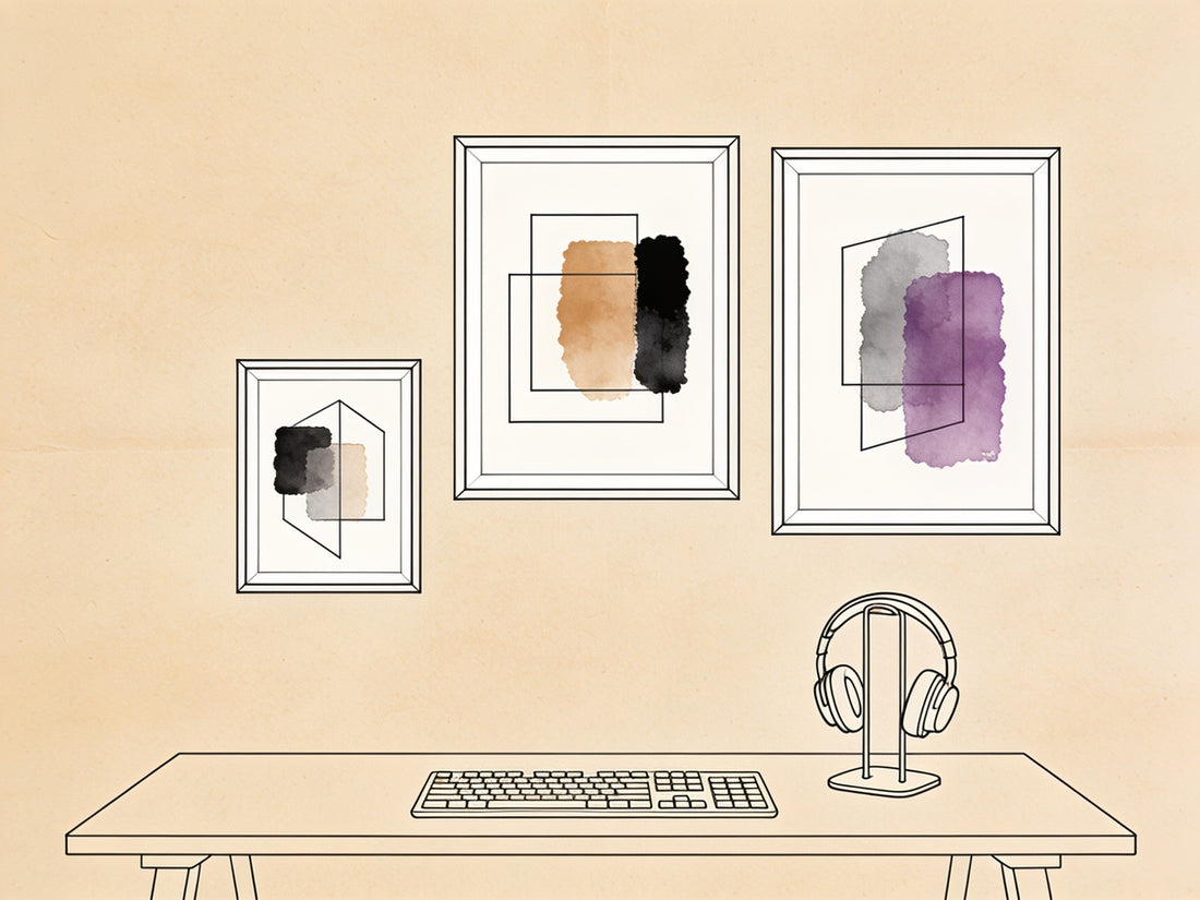 Illustration ligne noire mur de trois affiches gaming au-dessus d'un bureau de setup, style croquis architecte